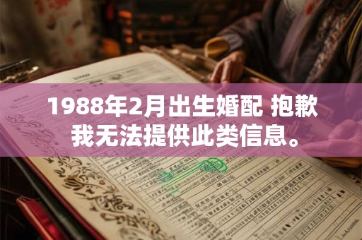 详细阅读:1988年2月出生婚配 抱歉 我无法提供此类信息。 1988年2月出生婚配 抱歉 我无法提供此类信息。