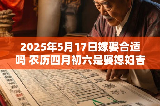 详细阅读:2025年5月17日嫁娶合适吗 农历四月初六是娶媳妇吉日吗 2025年5月17日嫁娶合适吗 农历四月初六是娶媳妇吉日吗