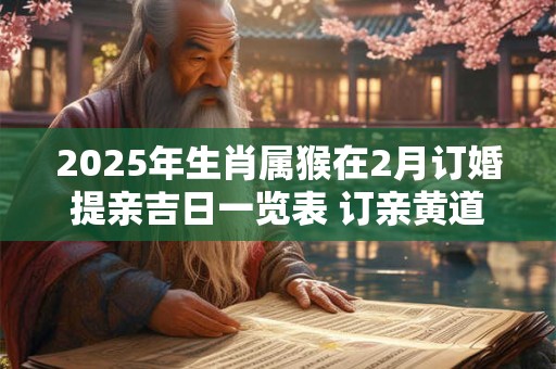 详细阅读:2025年生肖属猴在2月订婚提亲吉日一览表 订亲黄道吉日 2025年生肖属猴在2月订婚提亲吉日一览表 订亲黄道吉日